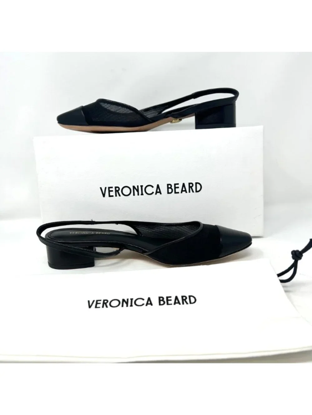 Veronica Beard Cecile Black Mesh Leather Cap Toe Slingback Heels Pumps 6.5M